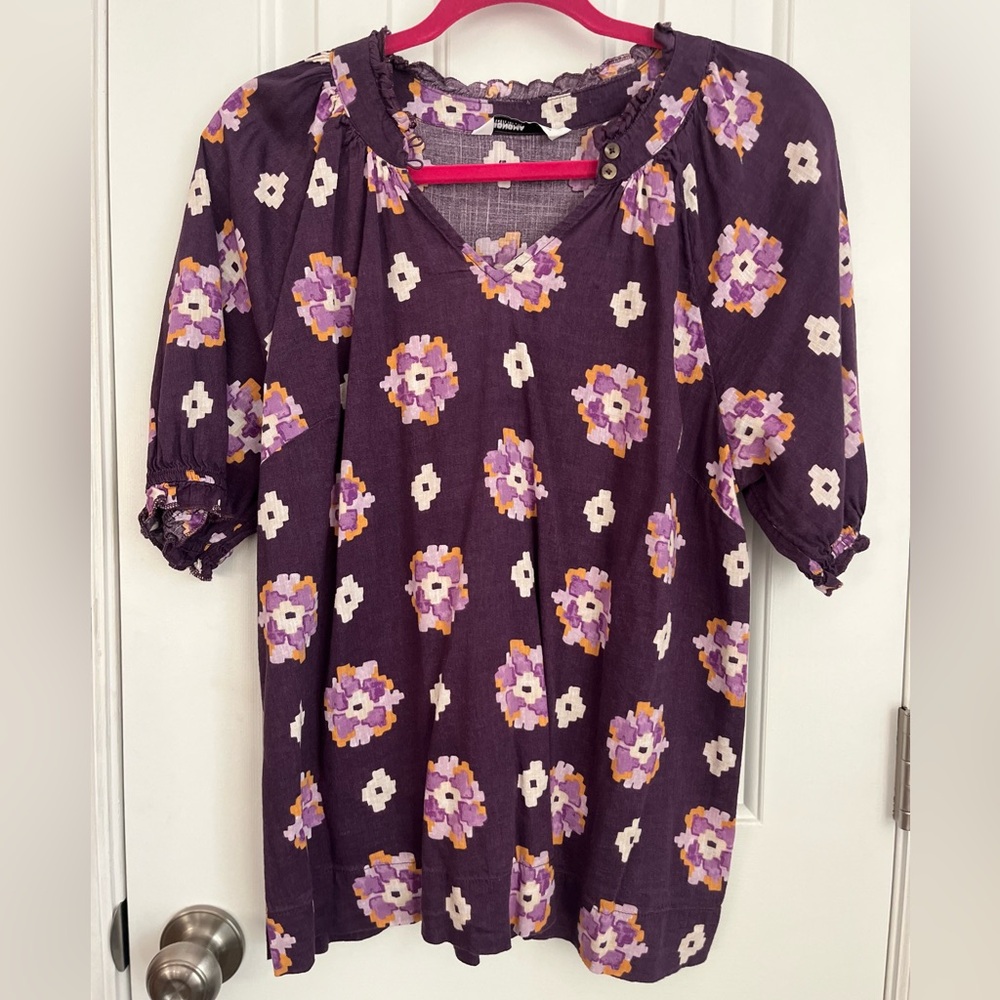 Sonoma Plum Floral V-Neck Puff Sleeve Blouse